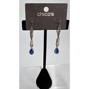 Chico's Dangle Drop Pierced Earrings Cobalt Blue Crystal Silver Tone